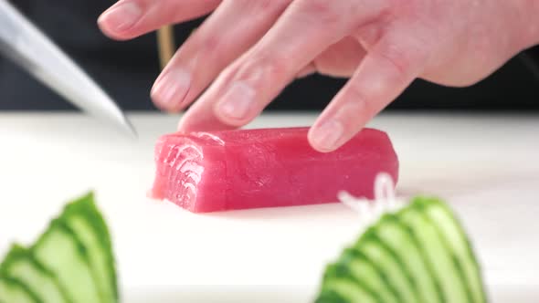 Chef Cutting Tuna Close Up