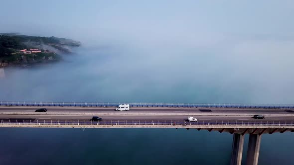 Aerial View on Dos Santos Bridge During Fog and Bay. Near Ribadeo in Northern Spain