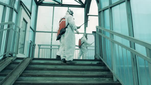 Disinfectors Spray Pedestrian Overpass To Kill Virus.