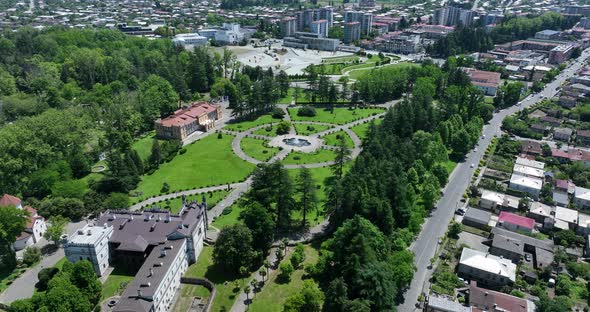 Zugdidi, Georgia - May 30 2022: Aerial view of Dadiani Palace in the center of Zugdidi city