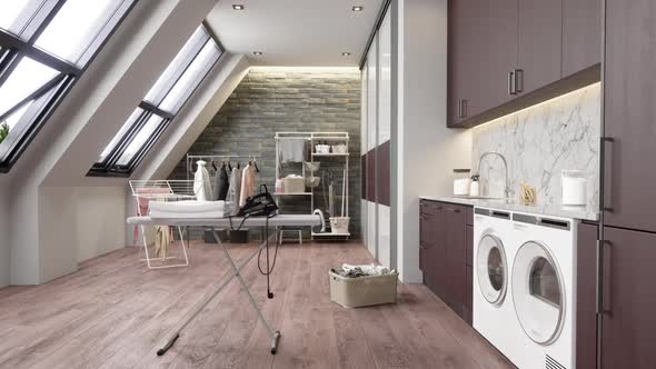 Laundry Room With Washing Machine, Dryer And Ironing Board At The Attic