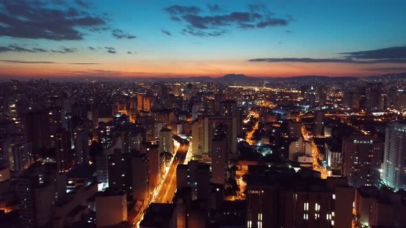 Sunset downtown Sao Paulo Brazil. Downtown district at sunset scenery.