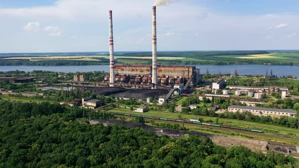 Aerial view of factory. Aerial view of factory with chimneys