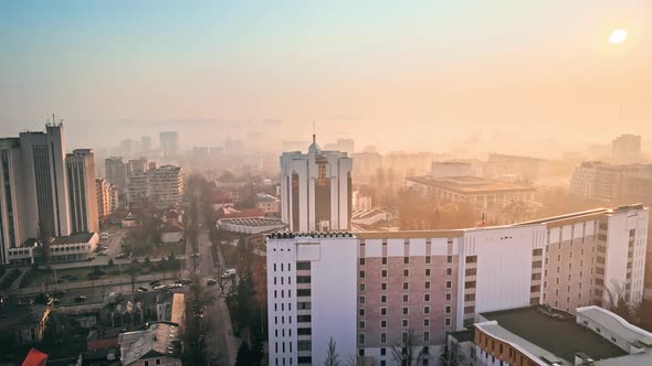 Aerial drone view of Chisinau downtown. Panorama view of multiple buildings, Parliament, Presidency,