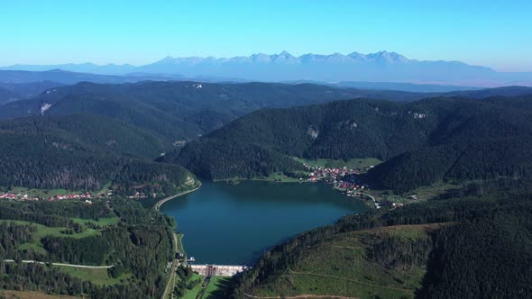 Aerial view of the Palcmanska Masa reservoir in the village of Dedinky in Slovakia