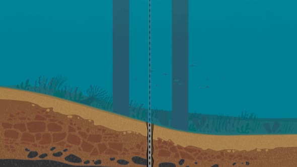 Schematic, cartoon view of a oil platform in the deep sea. Fuel transport. 4KHD