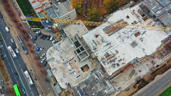 Large construction site. Flying over massive residential apartment construction site