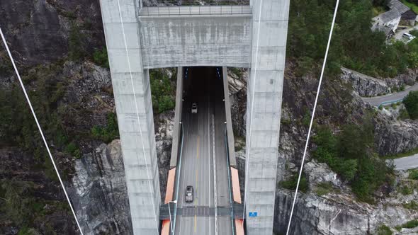 Tuuel entrance to massive Hardangerbrua suspension bridge - Aerial lokking between tower columns int