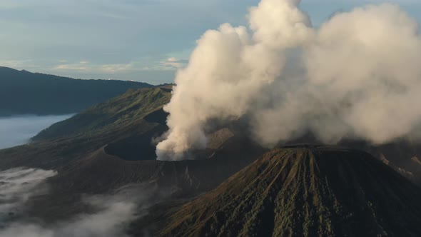 Aerial shot of Mountain Bromo active volcano crater in East Java, Indonesia