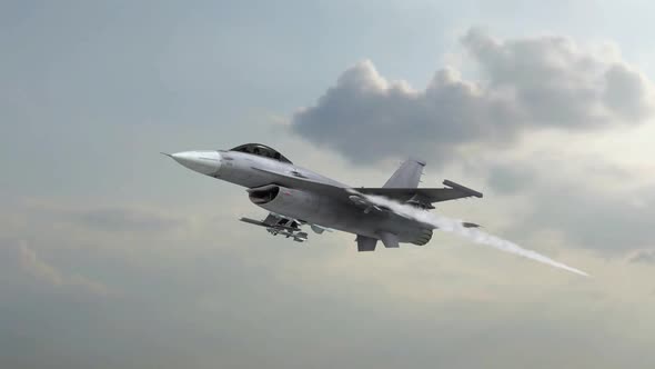 Animation of the American fighter F-16 shooting missiles in the sky