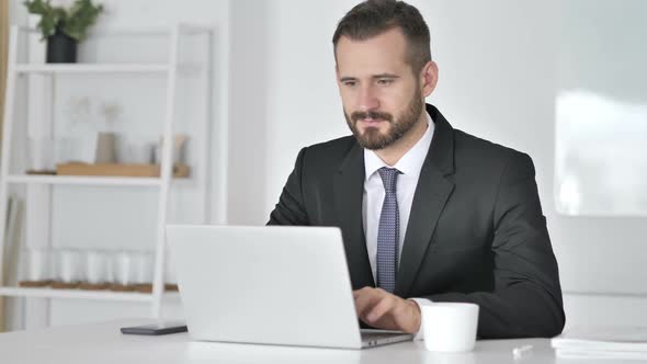 Businessman Celebrating Success Working on Laptop