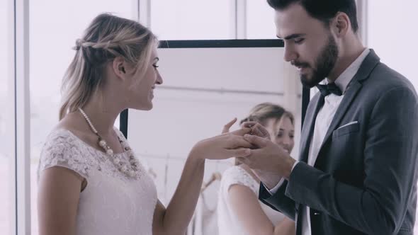 Happy Bride and Groom in Wedding Dress Prepare for Married in Wedding Ceremony