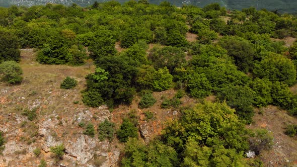 Aerial shot of Macedonia coast. Clif and beautiful Mountains around Ohrid Lake in Southern Europe.