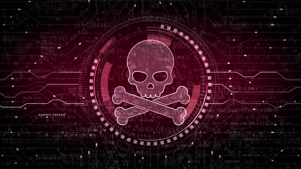 Skull pirate and online cyberattack symbol loop digital concept