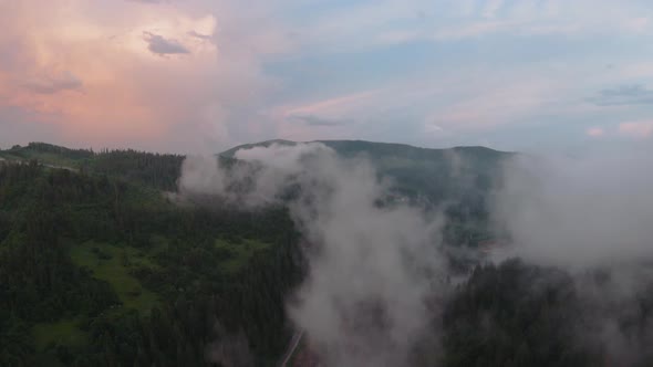 Flight Over a Mountain Resort Among the Coniferous Forest