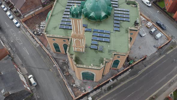 Aerial view of Gilani Noor Mosque in Longton, Stoke on Trent, Staffordshire, the new Mosque being bu