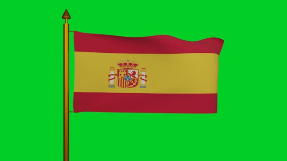 National flag of Spain waving with flagpole on chroma key, Spain flag or Bandera de Espana