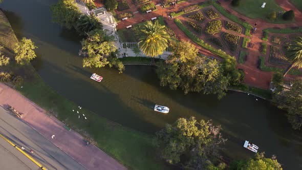Orbit aerial view of pedalboats, Palermo Lakes, Buenos Aires