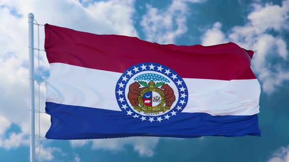 Flag of Missouri State Region of the United States Waving at Wind