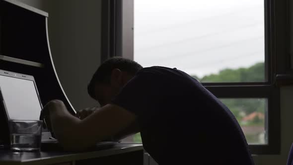 Overworked Freelancer Sleeping During Work, Man Having Deadline, Workaholic