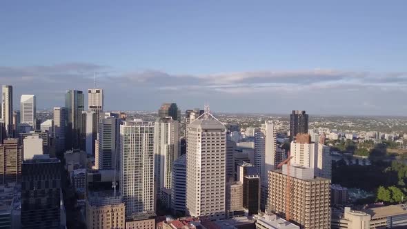 Aerial pan shot of tall city buildings of Brisbane, Queensland