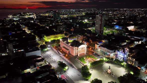 Sunset sky over downtown Manaus Brazil. Cityscape tourism landmark.