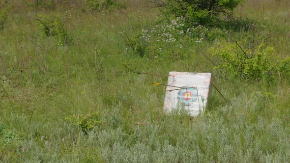 a Young Guy Shoots a Bow at a Target in Nature and Hits the Target the Arrow Pierces the Target for