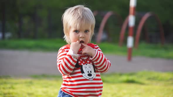 Little Girl Looking At The Camera. The child is shy. Child played. 