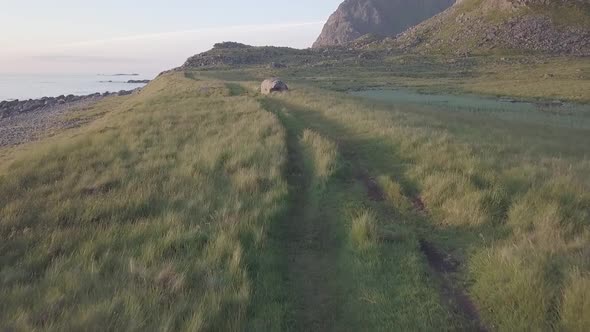 Midnight Sun in Eggum, Lofoten Islands, Norway Aerial Drone 4K