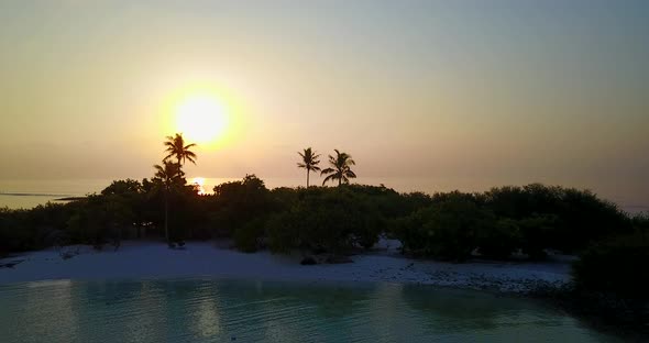 Beautiful drone copy space shot of a summer white paradise sand beach and aqua blue ocean background