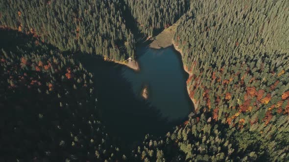 Mountain Lake with Small Island Surrounded By Forests