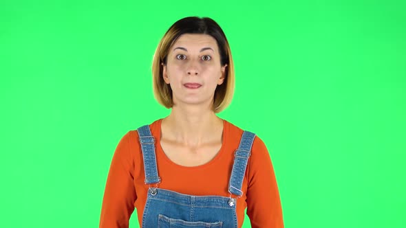 Woman in Anticipation of Worries, Then Disappointed and Upset. Green Screen