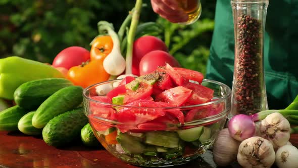 Vegetable Fresh Salad with Tomatoes, Cucumbers, Scallion and Olive Oil. Healthy Food