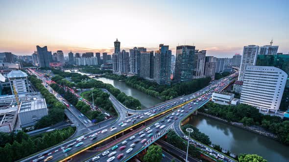 Timelapse of city skyline from day to night in hangzhou china