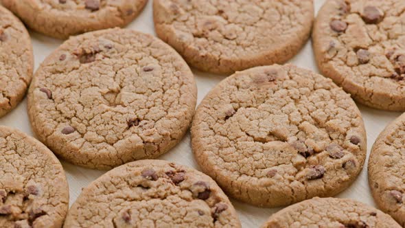 Round Chip Cake Cookies with Chocolate on Flat Surface Slow Rotating Looped Background