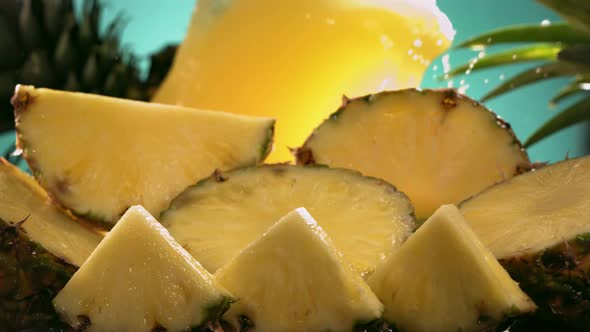 Slow Motion Shot of Pineapple and Juice Splashing Through Pineapple Slices