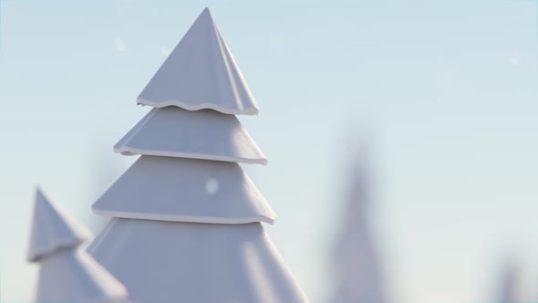 4k Animation Video. Pine trees covered with snow while snowflakes falling with copy space 