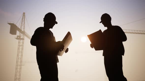 Construction Engineers Talk With Cranes In The Back