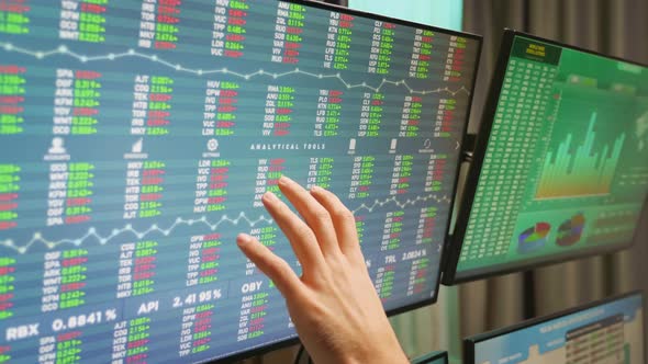 Close Up of Stock Market Broker Hand on Monitors