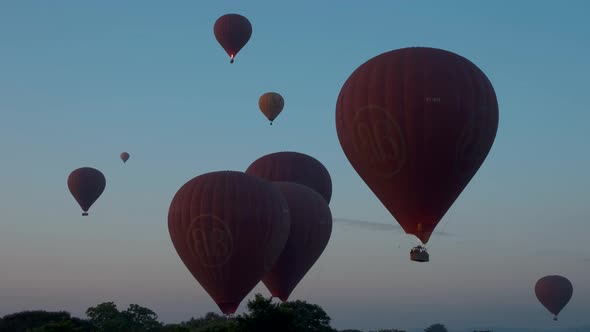 Bagan Myanmar Hot Air Balloon During Sunrise Above Temples and Pagodas of Bagan Myanmar Sunrise