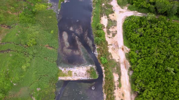 Aerial view look down black dark river