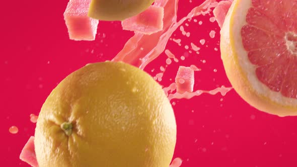 Grapefruit with Slices Falling on Fuchsia Background