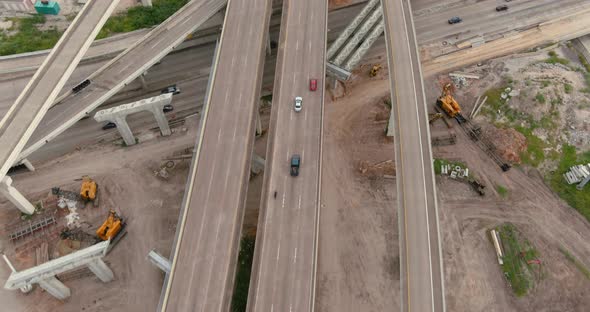 Aerial of cars on 610 and 59 South freeway in Houston, Texas