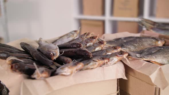 Fishing Boxes of Delicious Salted Fish to Send to Customers Closeup