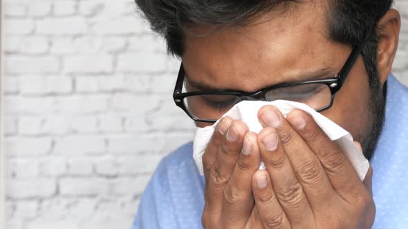 Portrait of Sick Man Sneezes and Coughs alt
