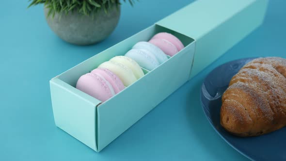 Macaroon in a Paper Box on Light Green Background