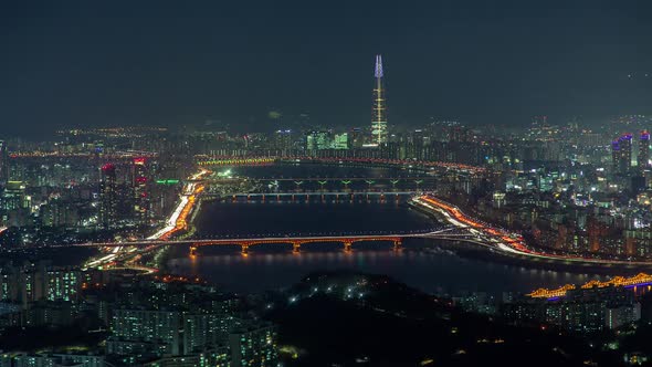 Aerial Illumination Cityscape Korea, Seoul Timelapse