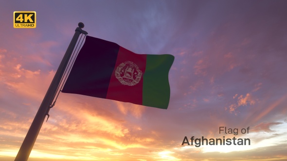 Afghanistan Flag on a Pole with Sunset / Sunrise Sky Background - 4K