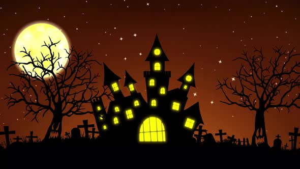 Halloween Background Animation with the Concept of Haunted Castle Moon and Spooky Trees
