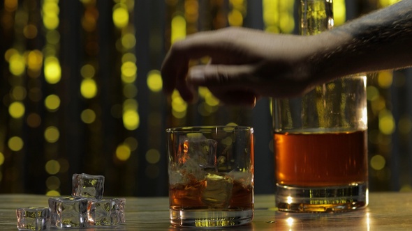 Barman Adds Ice Cubes Into Glass with Golden Whiskey, Cognac or Brandy on Table. Shiny Background